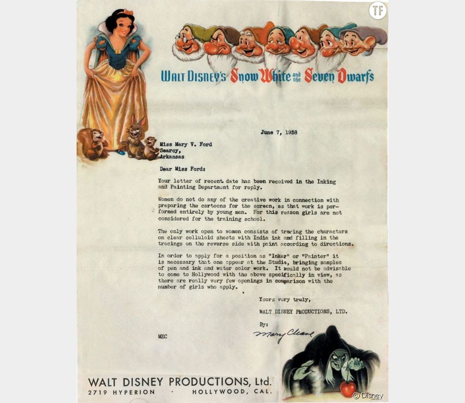 Lettre de rejet du studio Disney datant de 1938