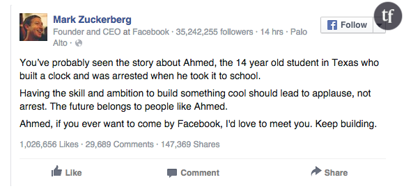 Le message posté par Mark Zuckerberg.