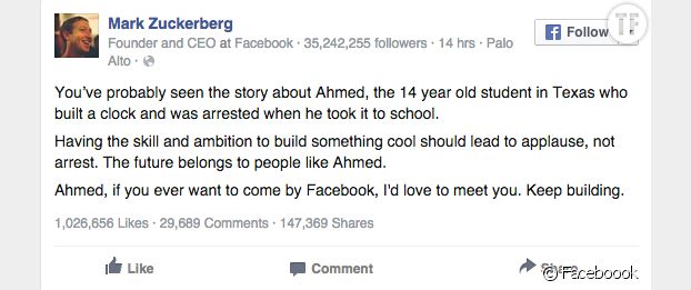 Le message posté par Mark Zuckerberg.