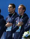  Mehdy Metella, Florent Manaudou, Fabien Gilot et Jérémy Stravius - Les français, médaillés d'or du 4x100m de nage libre lors des championnats du monde de natation à Kazan en Russie. Le 2 août 2015  