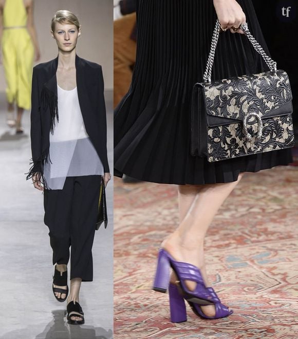 Les mules plates d'Hugo Boss (à gauche) et les mules à talons carrés de Gucci (à droite)