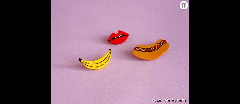 Broches Hot Dog, Banana et Lips, 8 euros pièce sur  Etsy 