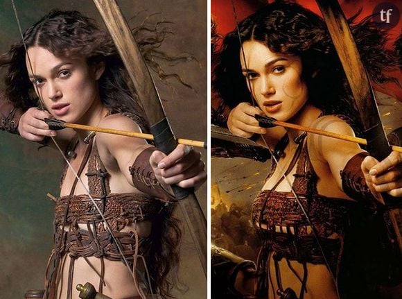 Photoshop : les seins de Keira Knightley grossis pour l'affiche du film Le Roi Arthur, en 2004. Ou comment donner la sensation que la beauté d'une femme ne tient que lorsqu'elle dépasse le bonnet B.