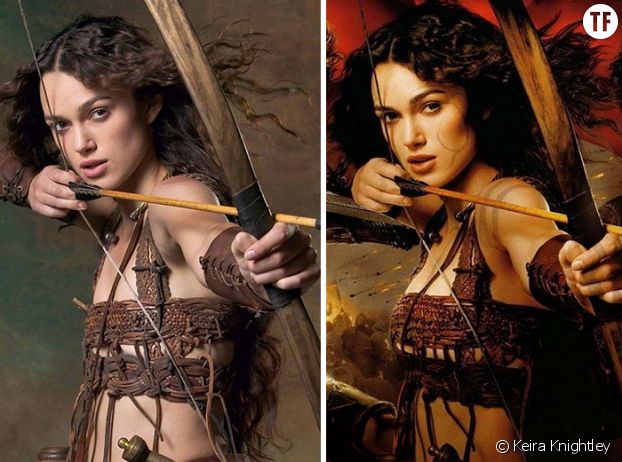 Photoshop : les seins de Keira Knightley grossis pour l'affiche du film Le Roi Arthur, en 2004. Ou comment donner la sensation que la beauté d'une femme ne tient que lorsqu'elle dépasse le bonnet B.