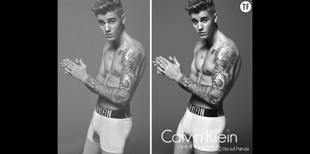 Avant/après : les photos retouchées de Justin Bieber pour la pub Calvin Klein, muscles gonflés et entrejambe considérablement grossi...