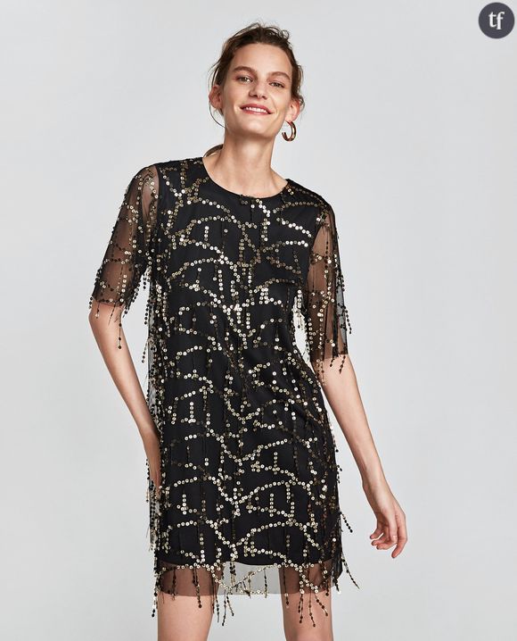 Robe noire à frange et sequins Zara