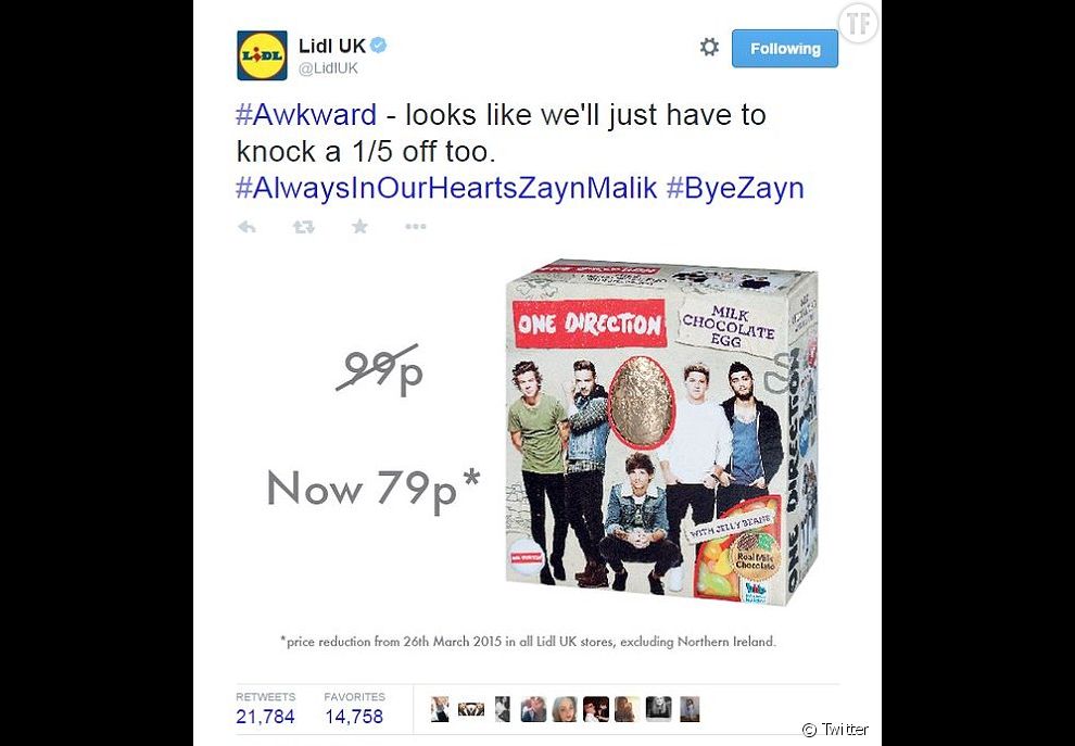 Le tweet de Lidl, annonçant la réduction du prix de ses oeufs de Pâques One Direction.