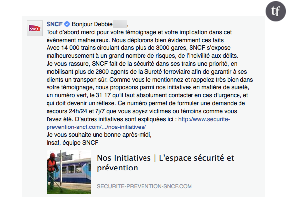 La réponse de la SNCF suite au témoignage de Debbie sur Paye ta shnek
