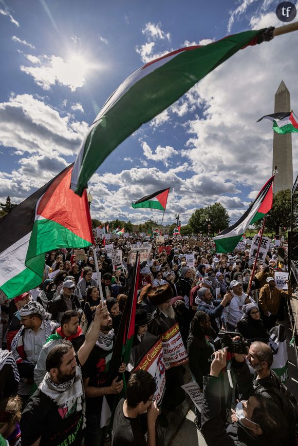 C'est Franco-Israélienne Pascale Chen, militante de Women Wage Peace et directrice d'un centre médico-social dédié à la petite enfance dans la banlieue de Tel-Aviv, qui l'énonce clairement dans Télérama : "Les femmes, Israéliennes et Palestiniennes unies, ont un rôle essentiel à jouer pour reconstruire la paix".
Pro-Palestinian demonstrators, bearing Palestinian flags, march past the Washington Monument during a rally in Washington, DC, USA on October 21, 2023. Thousands of pro-Palestinian protesters have converged near the Washington Monument, urging a ceasefire in Gaza as the conflict with Israel persists. Photo by Ali Khaligh/Middle East Images/ABACAPRESS.COM