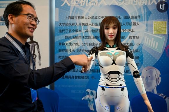 "Une tête de femme factice" : faut-il s'inquiéter des androïdes "plus humain(e)s" ?
Un exposant serre la main d'un robot humanoïde lors de l'édition 2024 du Salon des concepteurs de robots humanoïdes, à Shanghai (Chine) le 6 juin 2024.