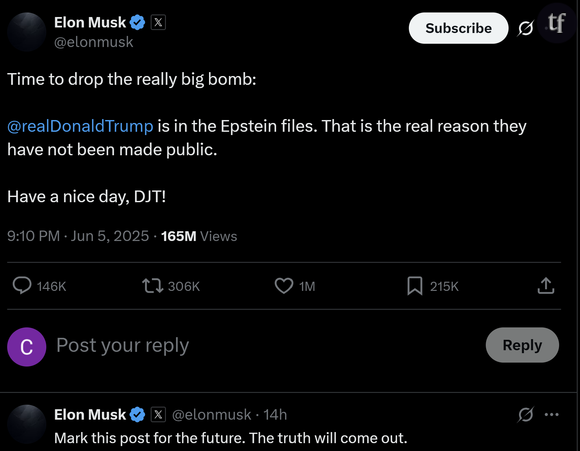 Elon Musk accuse Donald Trump d'être mêlé à l'affaire Epstein