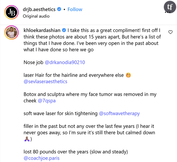 Khloé Kardashian répond et dresse la liste de opérations de médecine et de chirurgie esthétique auxquelles elle a eu recours.