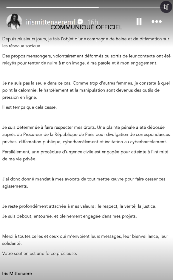 Iris Mittenaere nie les accusations d'infidélité et affirme avoir déposé plainte.